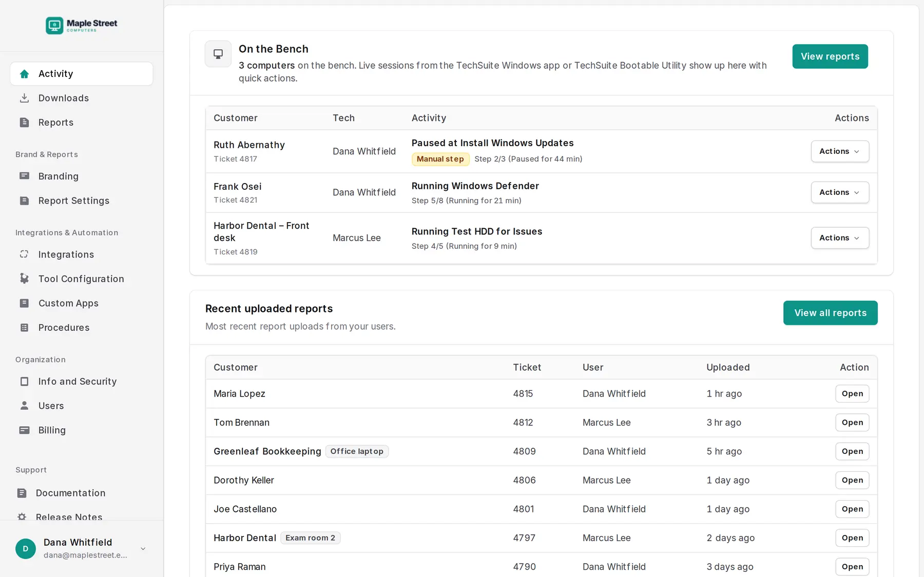 The Activity page: On the Bench with three computers, one paused at a manual step, and recent uploaded reports below