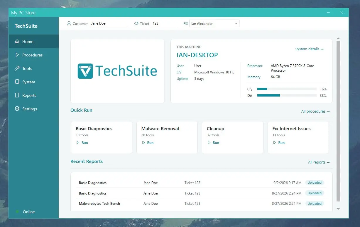 The TechSuite 2.0 Home screen: This Machine with its specs and drives, Quick Run tiles for Basic Diagnostics, Malware Removal, Cleanup and Fix Internet Issues, and recent reports